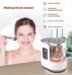 Makeup brush cleaner with a woman using a brush and product features listed.