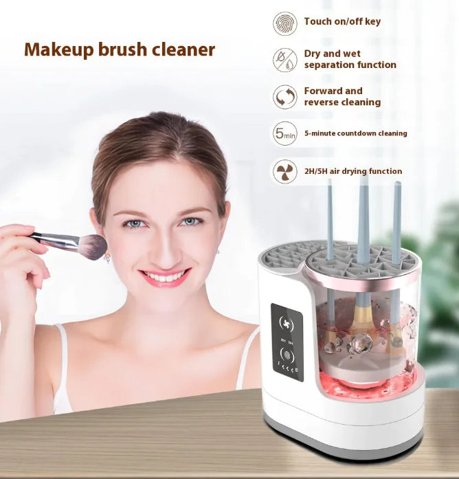 Makeup brush cleaner with a woman using a brush and product features listed.