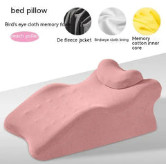 Pink bed pillow with labeled components on a white background