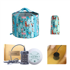 Collage of a patterned bag, a device with a box, and a foot spa device.