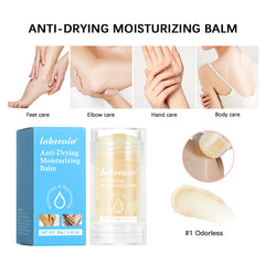 Lakerain Anti-Drying Moisturizing Balm packaging and usage on skin with text indicating various care areas.