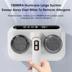 White handheld device with large suction power for cleaning allergens, held by a hand against a light blue background.