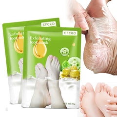 Exfoliating foot mask packaging with a close-up of feet and peeling skin.