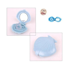 Blue shell-shaped case holder on a pink background