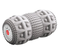 Gray massage roller with textured surface on a white background