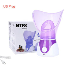 Purple facial steamer with NTFS branding and packaging on a white background