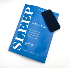 Blue packaging of sleep tape with a black sleep aid device on a white background