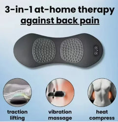 Back pain therapy device with text '3-in-1 at-home therapy against back pain' on a light blue background.