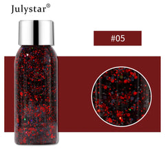 Bottle of glitter with a close-up inset, featuring Julystar brand on a white background.