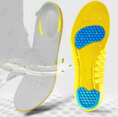 Yellow and blue insole with a white sole on a light gray background