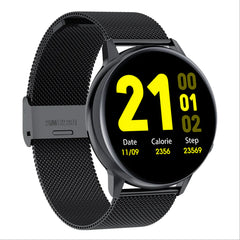 Black smartwatch with a yellow display on a white background