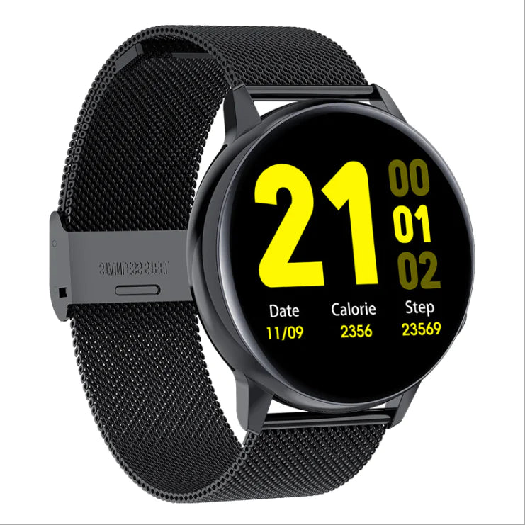 Black smartwatch with a yellow display on a white background