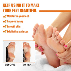Advertisement for foot care product showing before and after effects with text on benefits.
