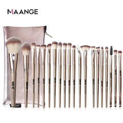 Set of makeup brushes with a MAANGE pouch on a white background