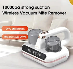 Wireless vacuum mite remover with text on suction power and sterilization features, placed on a white surface.
