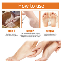 Instructions on how to use a foot care product with steps shown.