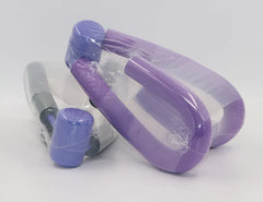 Purple exercise handle with clear plastic wrap on a white background