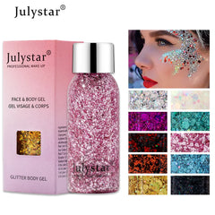 Julystar glitter body gel with packaging and color options on a white background