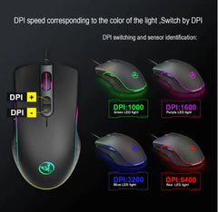 Gaming mouse with DPI switch and LED lighting display on a dark background