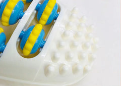 White massage tool with blue and yellow rollers on a white background
