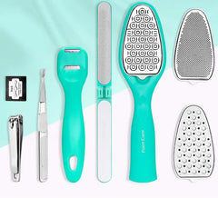 Set of foot care tools including a callus remover, nail file, and scrubber on a light blue background.