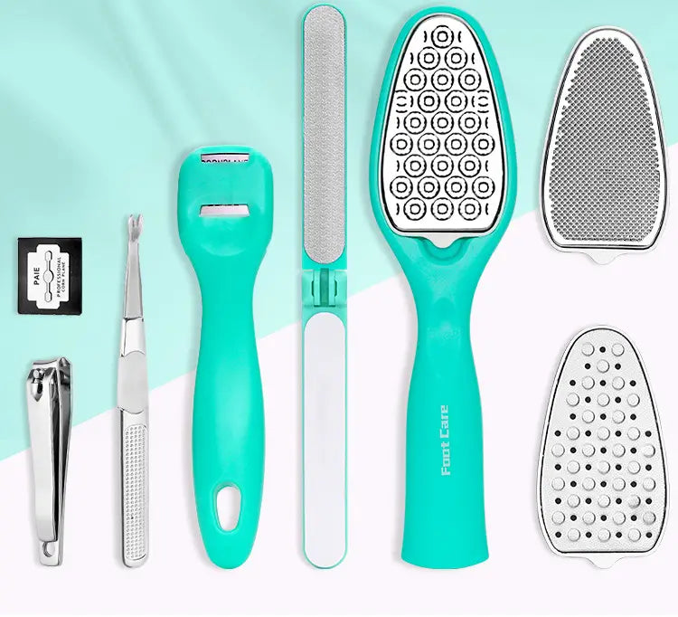 Set of foot care tools including a callus remover, nail file, and scrubber on a light blue background.