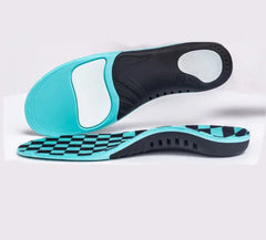 Pair of shoe insoles with checkered pattern on a white background