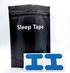 Black package labeled 'Sleep Tape' with a blue patch on a white background
