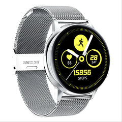 Smartwatch with a metallic band on a white background