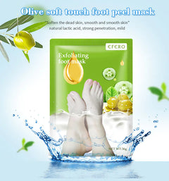 Exfoliating foot mask packaging with olive oil and cucumber imagery on a blue background