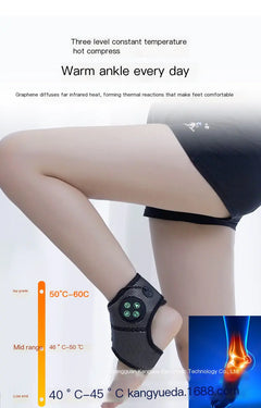 Ankle warmer with temperature display on a person's leg, showing text about constant temperature and comfort.