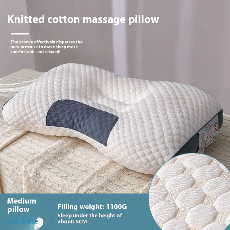 Knitted cotton massage pillow on a bed with text describing its features.