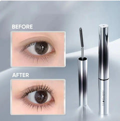 Eyelash serum with 'Before' and 'After' effect on an eye, on a gray background.