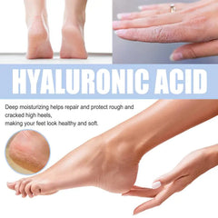 Advertisement for hyaluronic acid product showing feet and hands with text about deep moisturizing.