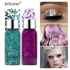 Two bottles of Julystar glitter with application examples on skin and hair.