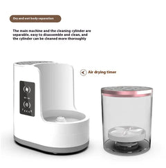 Makeup brush cleaner with detachable cleaning cylinder on a white background