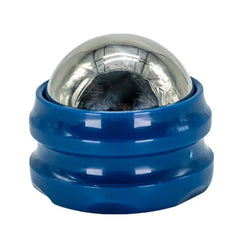Blue handheld roller with metallic ball on a white background