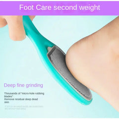 Teal foot care tool being used on a foot with text about its features.