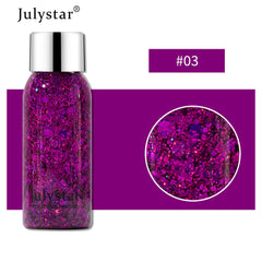 Purple glitter bottle with silver cap on a purple background, featuring the brand 'Julystar'.