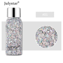 Glittery makeup product bottle with silver cap and 'Julystar' branding on a white background.