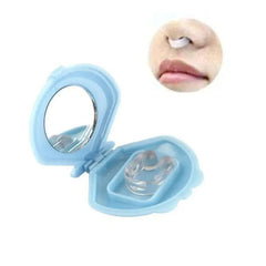 Blue holder for anti-snore device and inset photo of device in use on a white background