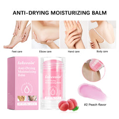 Anti-drying moisturizing balm packaging and usage examples on a white background