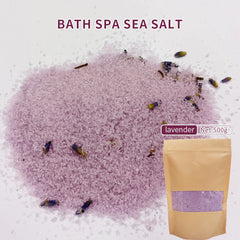 Bath spa sea salt with lavender fragrance and a packaging bag on a white background