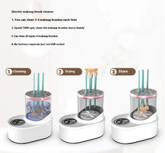 Electric makeup brush cleaner with cleaning, drying, and storing functions on a white background.