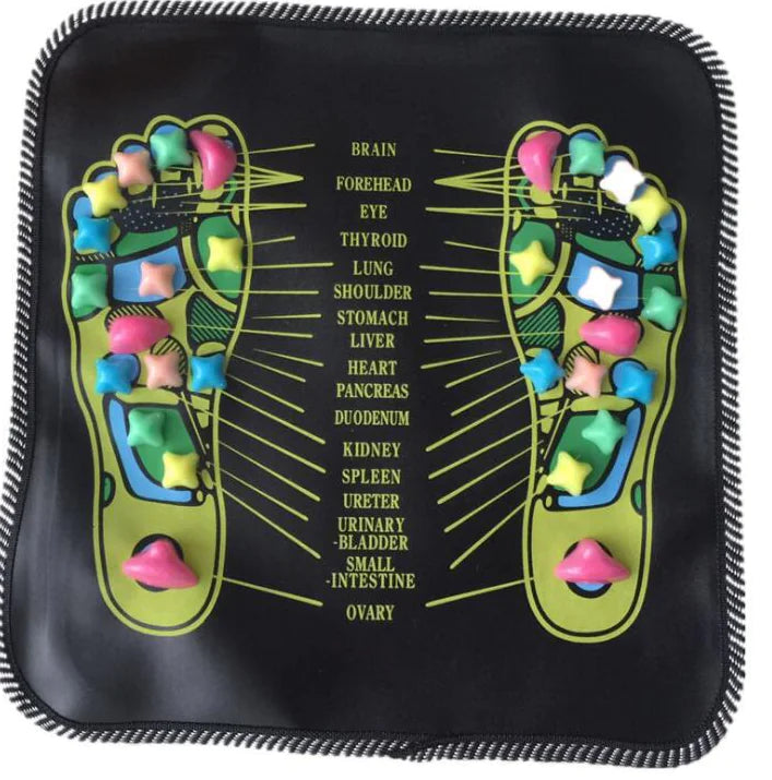 Colorful foot diagram on a black background with labeled body parts.