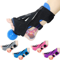 Foot brace with blue massage ball and inset images of foot conditions.