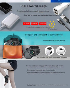 Product advertisement for a USB-powered massage device with text highlighting features.