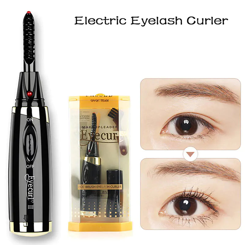 Electric eyelash curler with packaging and before-and-after effects on eyes.