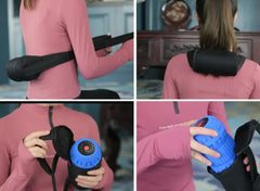 Person using a black and blue handheld device with various angles shown.