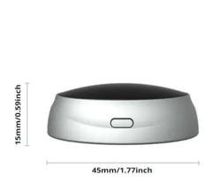 Small round electronic device with dimensions displayed on a white background
